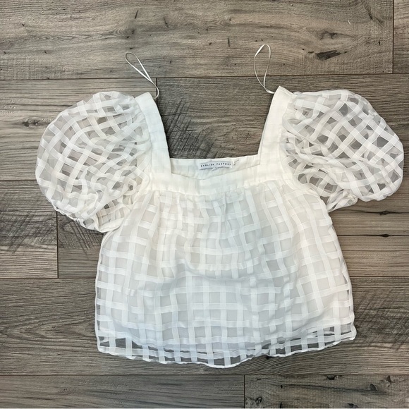 English Factory White Grid Pattern Puff Sleeve Organza Top- Size Extra Small - Picture 5 of 14